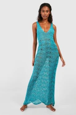 BOOHOO Crochet Scallop Scoop Beach Dress -Sea Vibe Together female aqua crochet scallop scoop beach dress 2