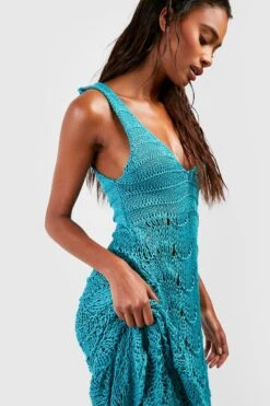 BOOHOO Crochet Scallop Scoop Beach Dress -Sea Vibe Together female aqua crochet scallop scoop beach dress 3