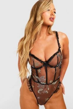 BOOHOO Celestial Embroidery Mesh Bodysuit -Sea Vibe Together female black celestial embroidery mesh bodysuit 2