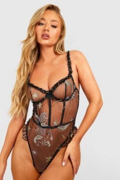 BOOHOO Celestial Embroidery Mesh Bodysuit