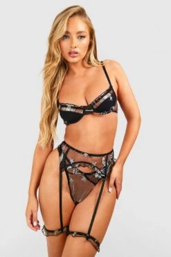BOOHOO Celestial Embroidery Mesh Bra, Thong & Suspender Set