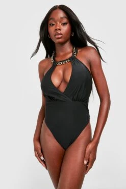 BOOHOO Chain Detail Halter Plunge Swimsuit