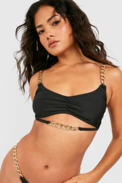 BOOHOO Chain Trim Ruched Strappy Bikini Top
