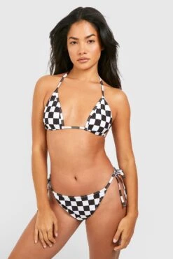 BOOHOO Checkerboard Triangle Bikini Set -Sea Vibe Together female black checkerboard triangle bikini set 3