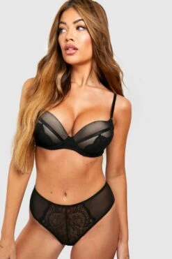 BOOHOO Contrast Mesh & Lace Super Push Up Bra -Sea Vibe Together female black contrast mesh lace super push up bra 2