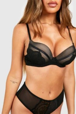 BOOHOO Contrast Mesh & Lace Super Push Up Bra -Sea Vibe Together female black contrast mesh lace super push up bra 3