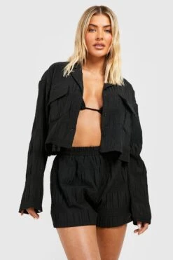 BOOHOO Crinkle Pocket Shirt & Short Beach Two-Piece