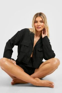 BOOHOO Crinkle Pocket Shirt & Short Beach Two-Piece -Sea Vibe Together female black crinkle pocket shirt short beach two piece 3