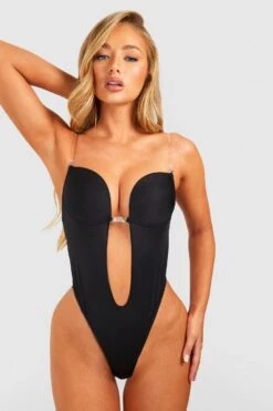 BOOHOO Deep Plunge Clear Strap Shapewear Bodysuit 6 BOOHOO Deep Plunge Clear Strap Shapewear Bodysuit -Sea Vibe Together female black deep plunge clear strap shapewear bodysuit 2