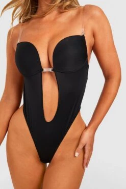 BOOHOO Deep Plunge Clear Strap Shapewear Bodysuit 7 BOOHOO Deep Plunge Clear Strap Shapewear Bodysuit -Sea Vibe Together female black deep plunge clear strap shapewear bodysuit 3