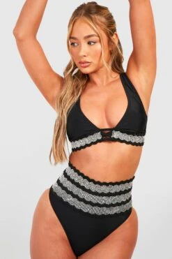 BOOHOO Embroidered Trim High Waist Plunge Bikini Set -Sea Vibe Together female black embroidered trim high waist plunge bikini set 2