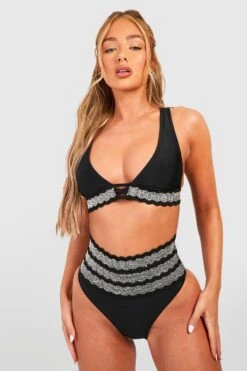 BOOHOO Embroidered Trim High Waist Plunge Bikini Set
