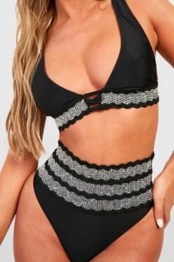 BOOHOO Embroidered Trim High Waist Plunge Bikini Set -Sea Vibe Together female black embroidered trim high waist plunge bikini set 3