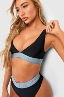BOOHOO Geo Tape Color Block High Waist Bikini Set -Sea Vibe Together female black geo tape color block high waist bikini set 2