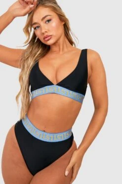 BOOHOO Geo Tape Color Block High Waist Bikini Set -Sea Vibe Together female black geo tape color block high waist bikini set 3