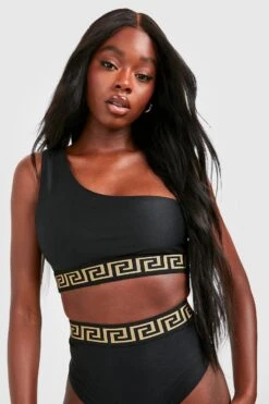 BOOHOO Geo Tape One Shoulder High Waist Bikini Set -Sea Vibe Together female black geo tape one shoulder high waist bikini set 3