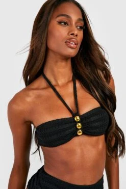 BOOHOO Gold Buttons Textured Bandeau Tie Bikini Top