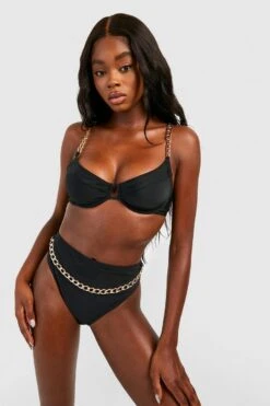 BOOHOO Gold Chain Trim Underwired Bikini Top -Sea Vibe Together female black gold chain trim underwired bikini top 2