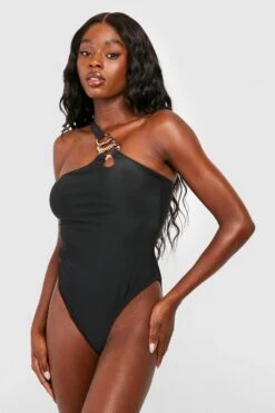 BOOHOO Gold Ring Trim One Shoulder Swimsuit