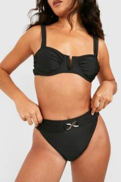 BOOHOO Gold Trim High Waisted Bikini Brief -Sea Vibe Together female black gold trim high waisted bikini brief 3