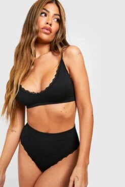 BOOHOO Lace Trim Ribbed High Waisted Brief 6 BOOHOO Lace Trim Ribbed High Waisted Brief -Sea Vibe Together female black lace trim ribbed high waisted brief 2