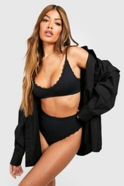BOOHOO Lace Trim Ribbed High Waisted Brief