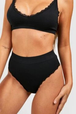 BOOHOO Lace Trim Ribbed High Waisted Brief 7 BOOHOO Lace Trim Ribbed High Waisted Brief -Sea Vibe Together female black lace trim ribbed high waisted brief 3