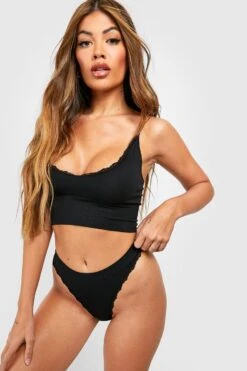 BOOHOO Lace Trim Ribbed Thong