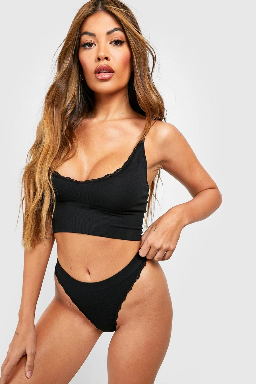 BOOHOO Lace Trim Ribbed Thong 1 BOOHOO Lace Trim Ribbed Thong