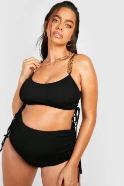 BOOHOO Maternity Crinkle Chain Strap High Waisted Bikini -Sea Vibe Together female black maternity crinkle chain strap high waisted bikini 2