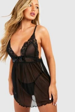 BOOHOO Mesh And Lace Babydoll And String Set -Sea Vibe Together female black mesh and lace babydoll and string set 2