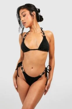 BOOHOO Petite Crinkle Gold Ring Detail Bikini -Sea Vibe Together female black petite crinkle gold ring detail bikini 2