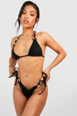BOOHOO Petite Crinkle Gold Ring Detail Bikini
