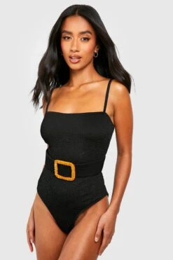 BOOHOO Petite Crinkle Raffia Buckle Swimsuit 6 BOOHOO Petite Crinkle Raffia Buckle Swimsuit -Sea Vibe Together female black petite crinkle raffia buckle swimsuit 2