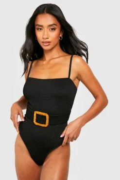 BOOHOO Petite Crinkle Raffia Buckle Swimsuit