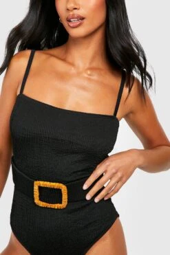 BOOHOO Petite Crinkle Raffia Buckle Swimsuit 7 BOOHOO Petite Crinkle Raffia Buckle Swimsuit -Sea Vibe Together female black petite crinkle raffia buckle swimsuit 3