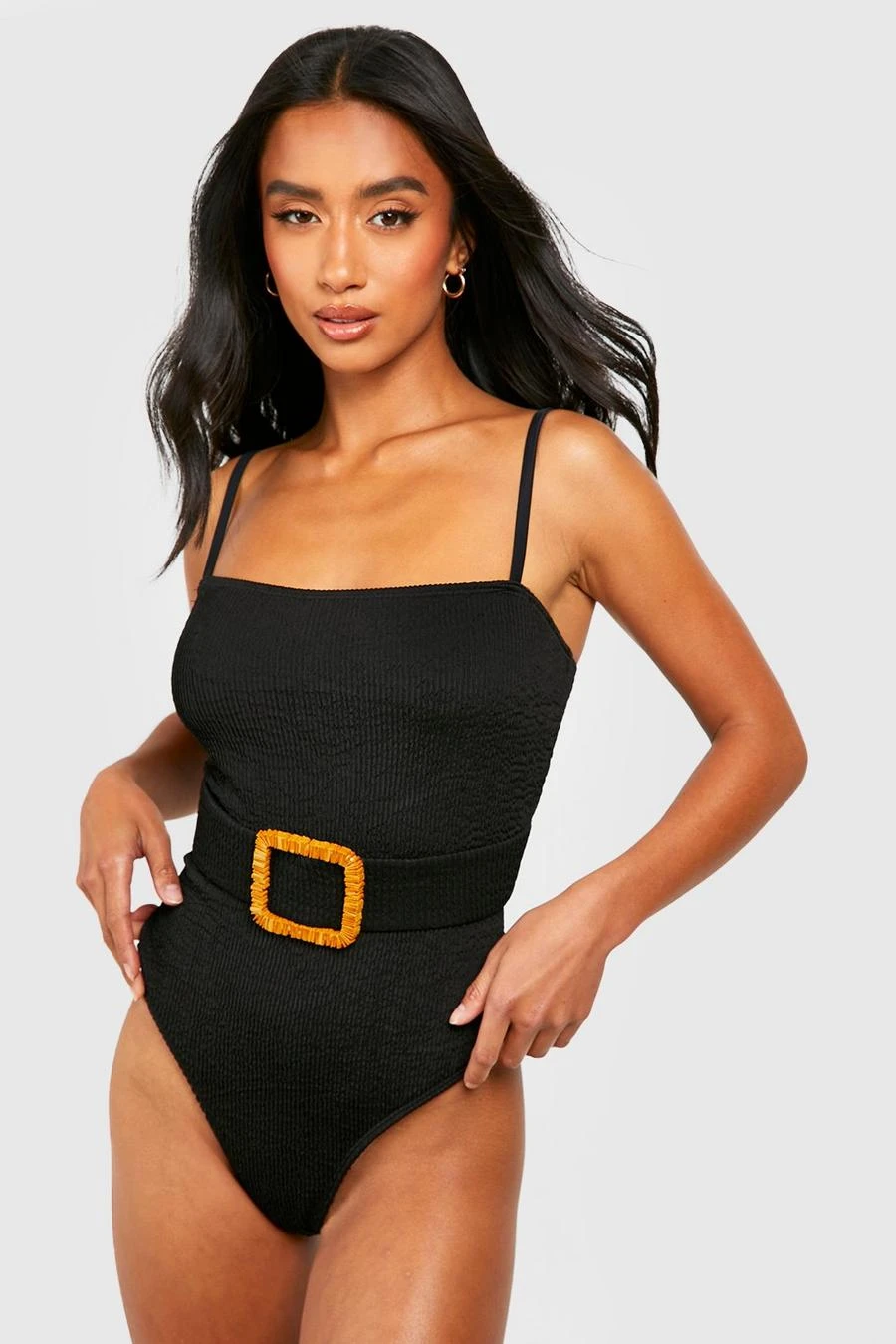 BOOHOO Petite Crinkle Raffia Buckle Swimsuit 1 BOOHOO Petite Crinkle Raffia Buckle Swimsuit