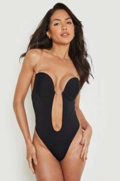 BOOHOO Plunge Pull In Body Shaping Bodysuit -Sea Vibe Together female black plunge pull in body shaping bodysuit 2