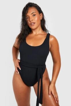 BOOHOO Plus Crinkle Belted Scoop Neck Swimsuit