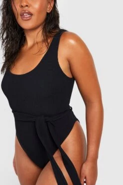 BOOHOO Plus Crinkle Belted Scoop Neck Swimsuit -Sea Vibe Together female black plus crinkle belted scoop neck swimsuit 3