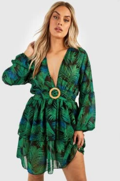 BOOHOO Plus Palm Raffia Buckle Beach Dress -Sea Vibe Together female black plus palm raffia buckle beach dress 2