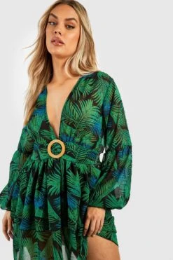 BOOHOO Plus Palm Raffia Buckle Beach Dress