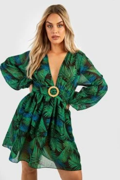 BOOHOO Plus Palm Raffia Buckle Beach Dress -Sea Vibe Together female black plus palm raffia buckle beach dress 3