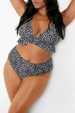 BOOHOO Plus Polka Dot Ruffle High Waisted Bikini -Sea Vibe Together female black plus polka dot ruffle high waisted bikini 3