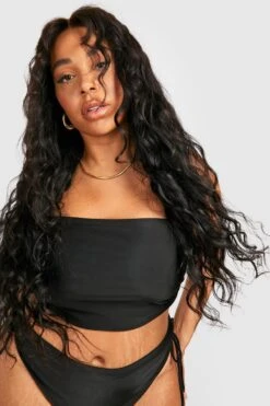 BOOHOO Plus Ruched Longline Bandeau Bikini Top -Sea Vibe Together female black plus ruched longline bandeau bikini top 2