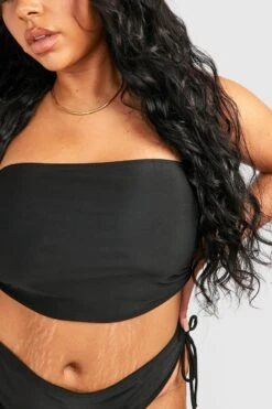 BOOHOO Plus Ruched Longline Bandeau Bikini Top -Sea Vibe Together female black plus ruched longline bandeau bikini top 3