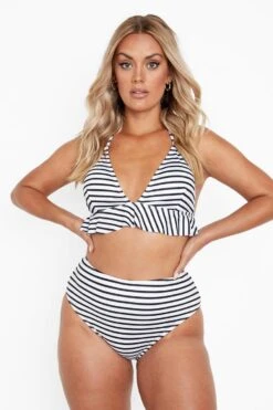 BOOHOO Plus Stripe Ruffle High Waist Bikini