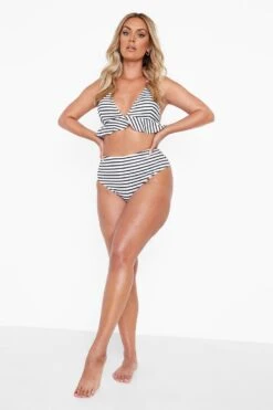 BOOHOO Plus Stripe Ruffle High Waist Bikini 7 BOOHOO Plus Stripe Ruffle High Waist Bikini -Sea Vibe Together female black plus stripe ruffle high waist bikini 3