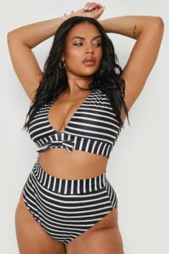 BOOHOO Plus Stripe Tie Front High Waist Bikini -Sea Vibe Together female black plus stripe tie front high waist bikini 2