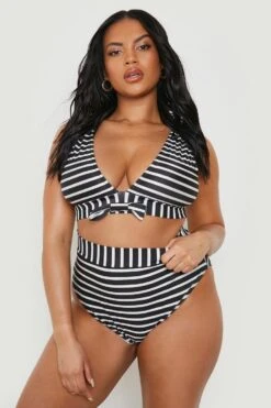 BOOHOO Plus Stripe Tie Front High Waist Bikini